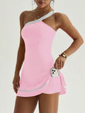 one shoulder tennis sports mini dress with built-in shorts, side pocket, contrast trim, backless cut and flared skirt image 13