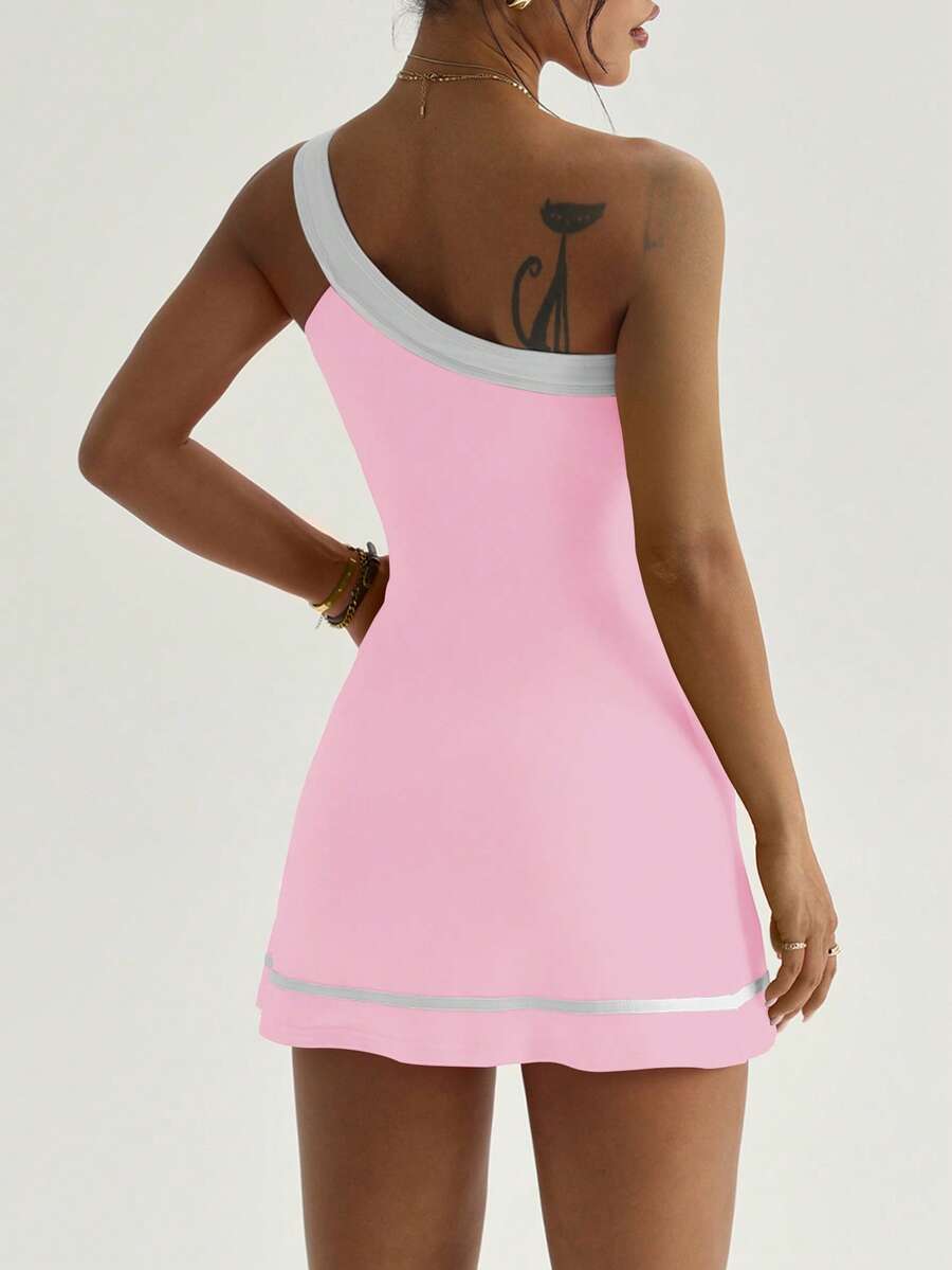 one shoulder tennis sports mini dress with built-in shorts, side pocket, contrast trim, backless cut and flared skirt image 14