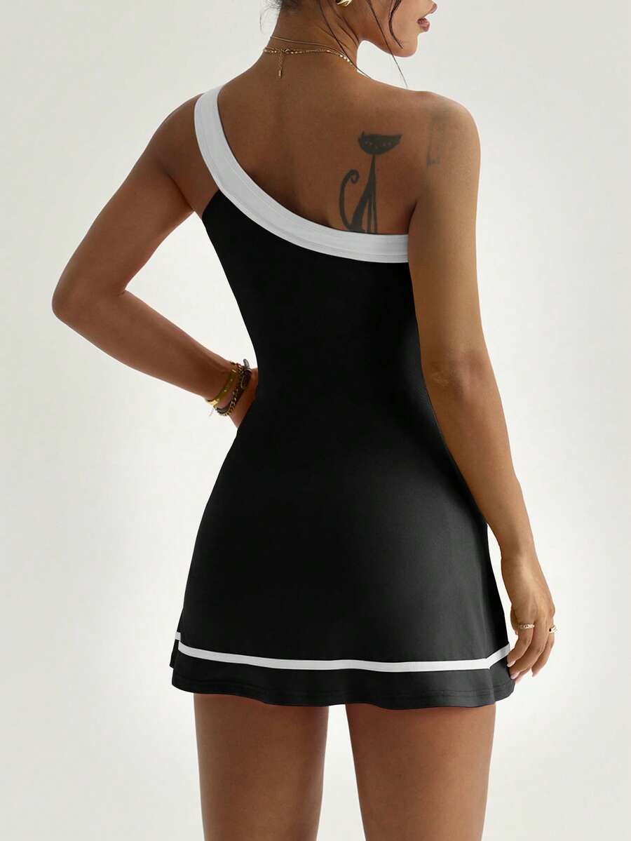 one shoulder tennis sports mini dress with built-in shorts, side pocket, contrast trim, backless cut and flared skirt image 5