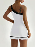 one shoulder tennis sports mini dress with built-in shorts, side pocket, contrast trim, backless cut and flared skirt image 2