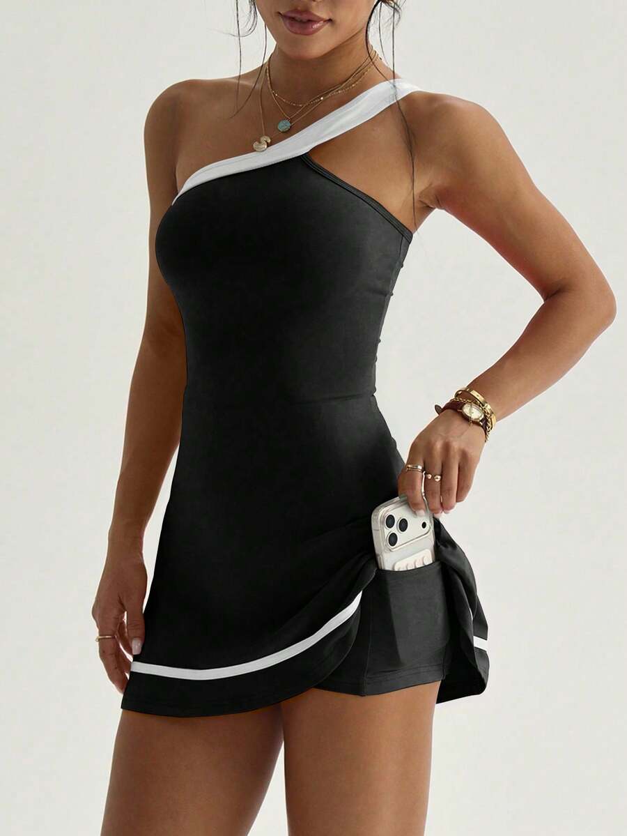 one shoulder tennis sports mini dress with built-in shorts, side pocket, contrast trim, backless cut and flared skirt image 7
