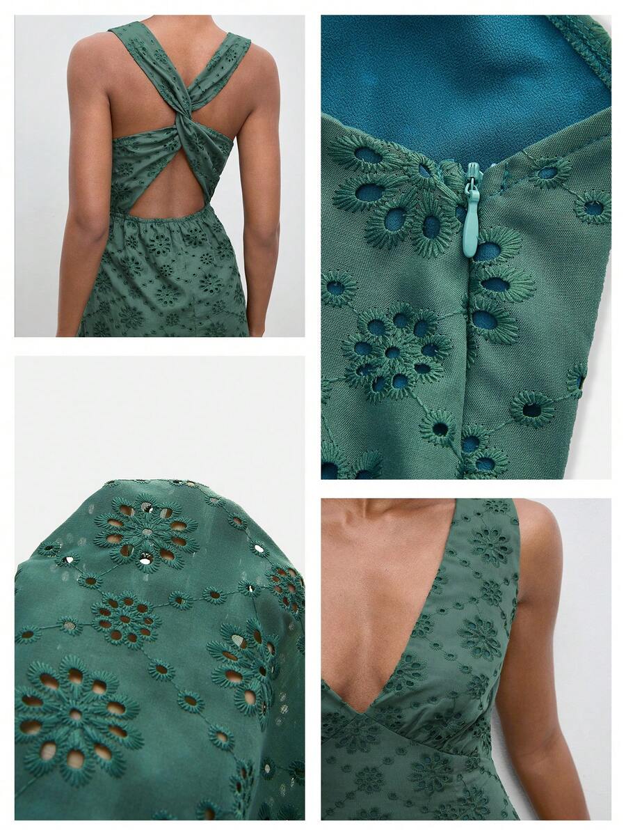 Casual Mid-Length Dress with Hollow Embroidery and Twist Back for Vacation Outfits
