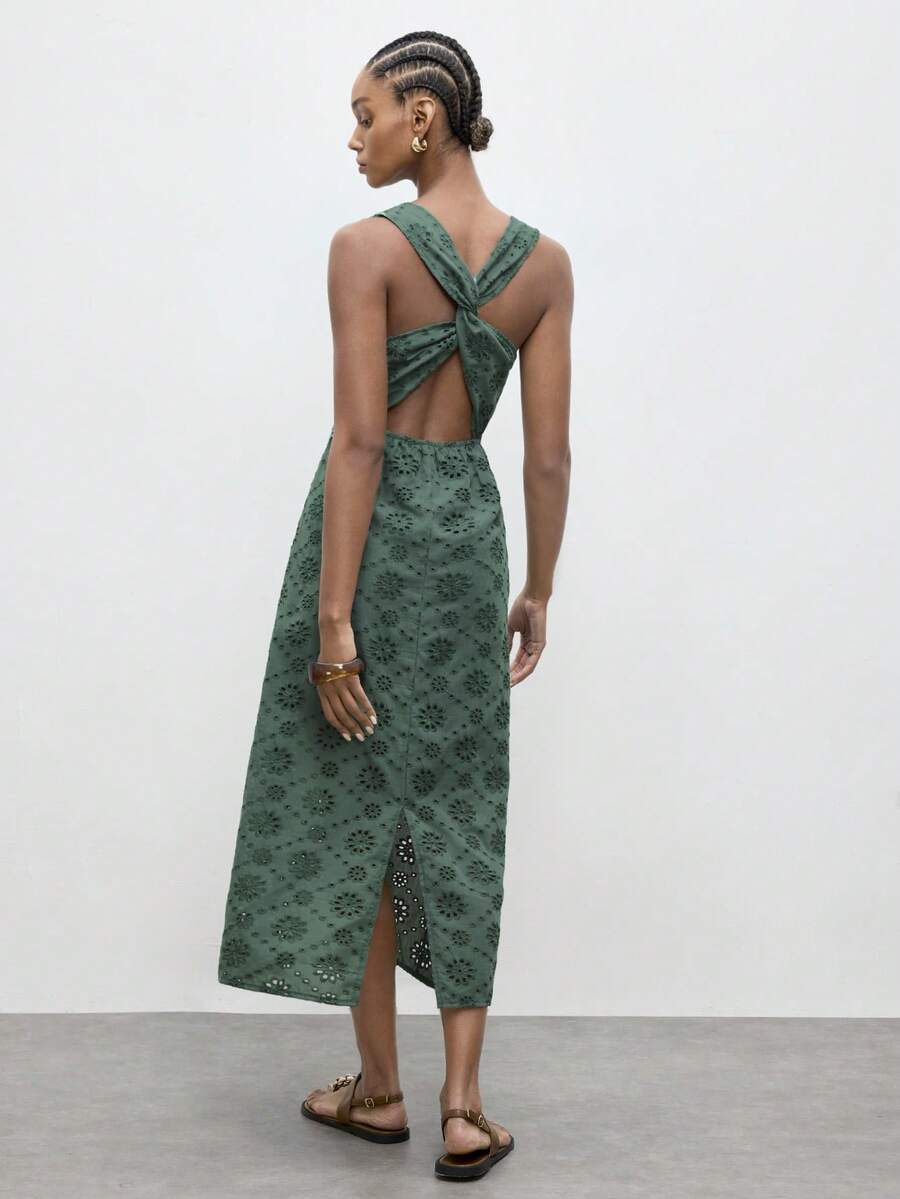 Casual Mid-Length Dress with Hollow Embroidery and Twist Back for Vacation Outfits