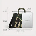 Size diagram of green and cream camouflage handbag showing dimensions beside a tablet for scale