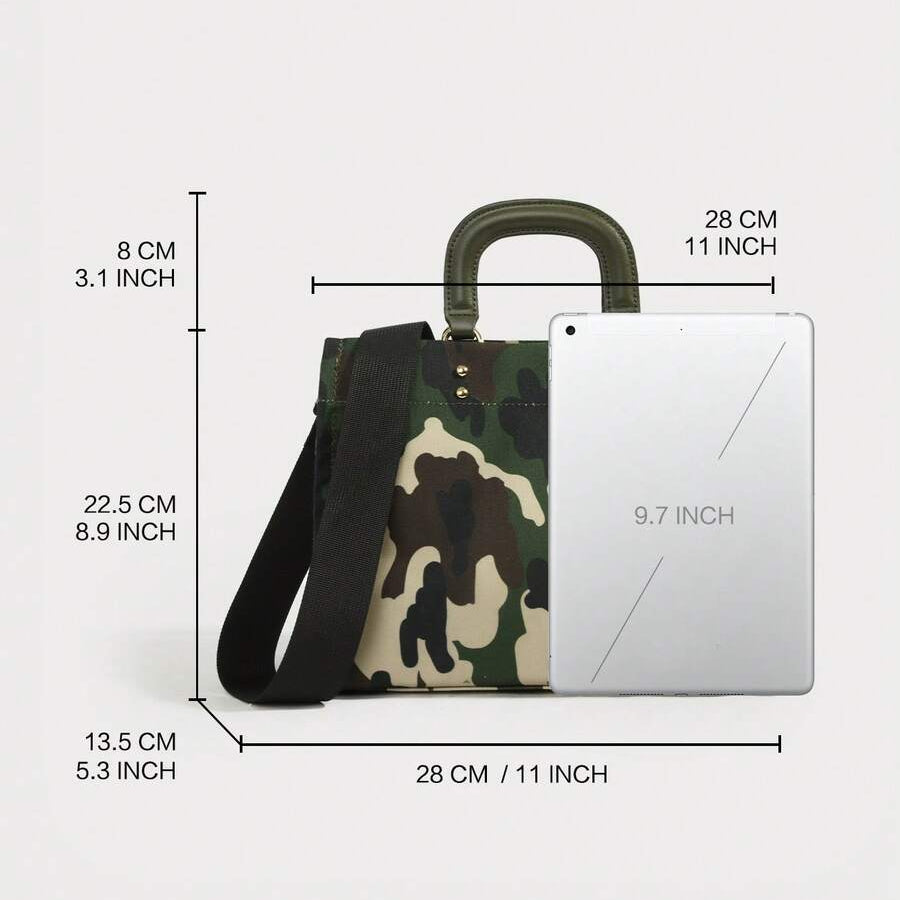 Size diagram of green and cream camouflage handbag showing dimensions beside a tablet for scale