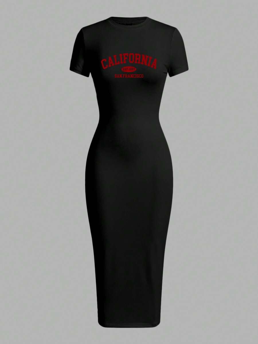 Close-up view of chic plus-size summer dress with california slogan - casual minimalist style for effortless fashion with summer styling for summer casual wear