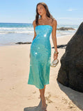 4 media show aqua turquoise strapless sequin mesh midi dress with tube neckline, allover round sequins, bodycon fit, back slit, calf length, beach party identity. image 3
