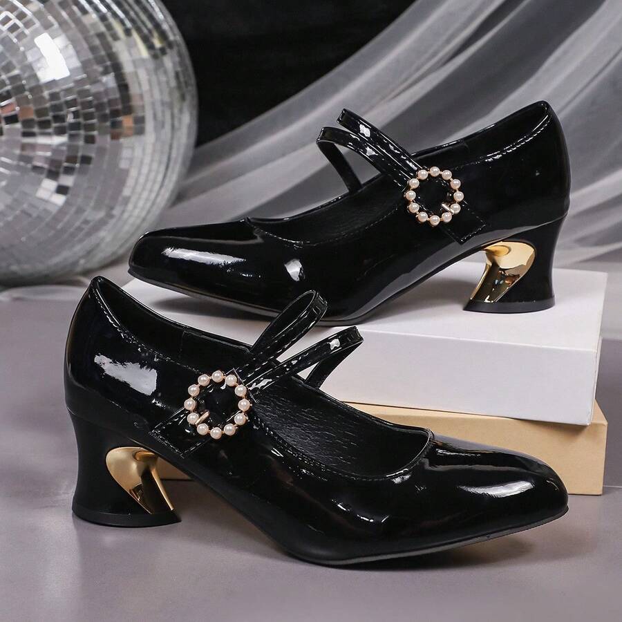 pearl buckle block heel pumps image 6 showing visible shoe design, texture, strap, heel or flat sole details