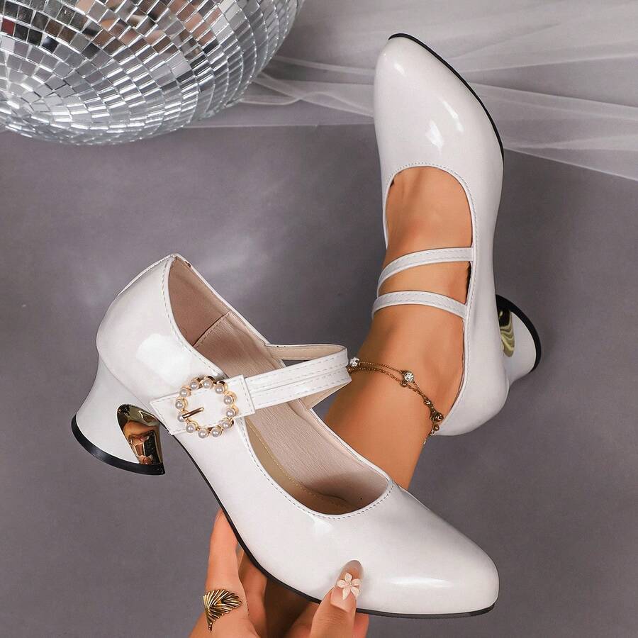 pearl buckle block heel pumps image 3 showing visible shoe design, texture, strap, heel or flat sole details