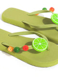 Product-only close view of green flip-flops with colorful citrus charms