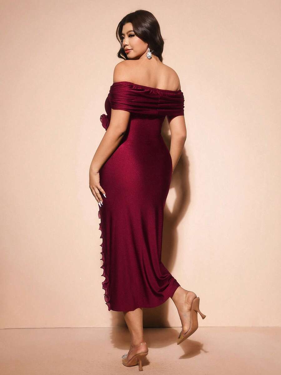 Front view of Elegant Plus Size Burgundy Off-Shoulder Formal Dress with 3D Rose Details and Ruffle Hem in Burgundy color
