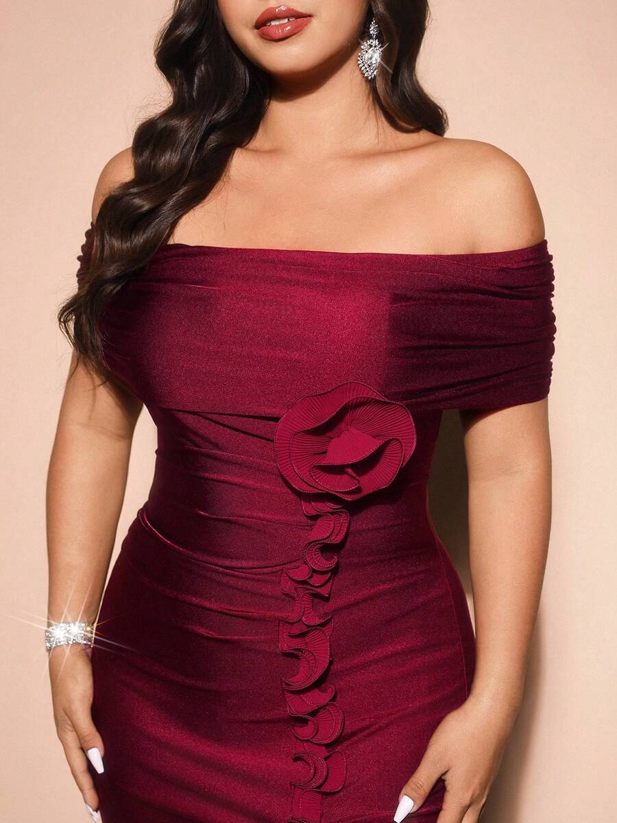 Back view of Elegant Plus Size Burgundy Off-Shoulder Formal Dress with 3D Rose Details and Ruffle Hem in Burgundy color