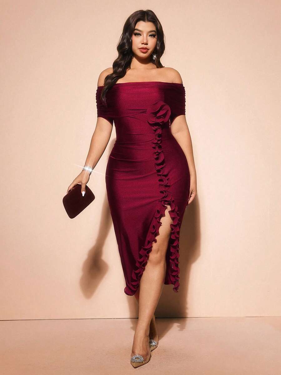 Side profile of Elegant Plus Size Burgundy Off-Shoulder Formal Dress with 3D Rose Details and Ruffle Hem in Burgundy color