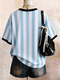 Back view of Chic Minimalist Striped Cotton T-Shirt for Women - Perfect Gift for Friends for women styling