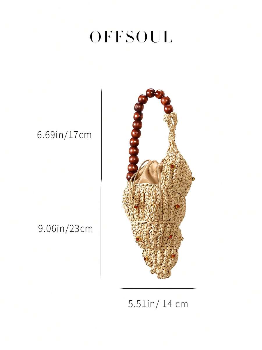 Size chart for shell shaped mini beach bag with wooden bead handle