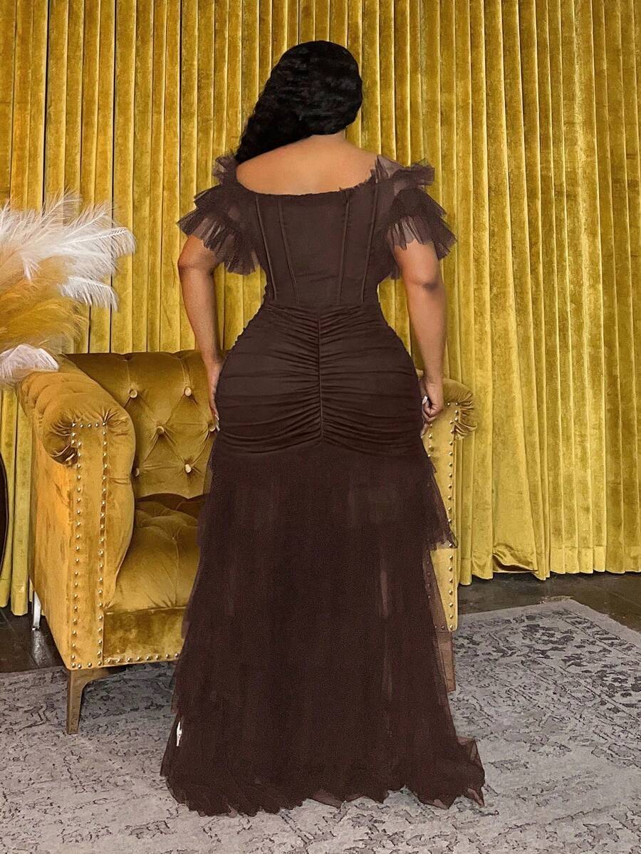 Front view of Plus Size Women's Bohemian Sheer Off-Shoulder Dress for Spring and Summer - Perfect for Festivals, Casual Occasions, and Beach Vacations in Brown color