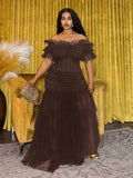 Back view of Plus Size Women's Bohemian Sheer Off-Shoulder Dress for Spring and Summer - Perfect for Festivals, Casual Occasions, and Beach Vacations in Brown color