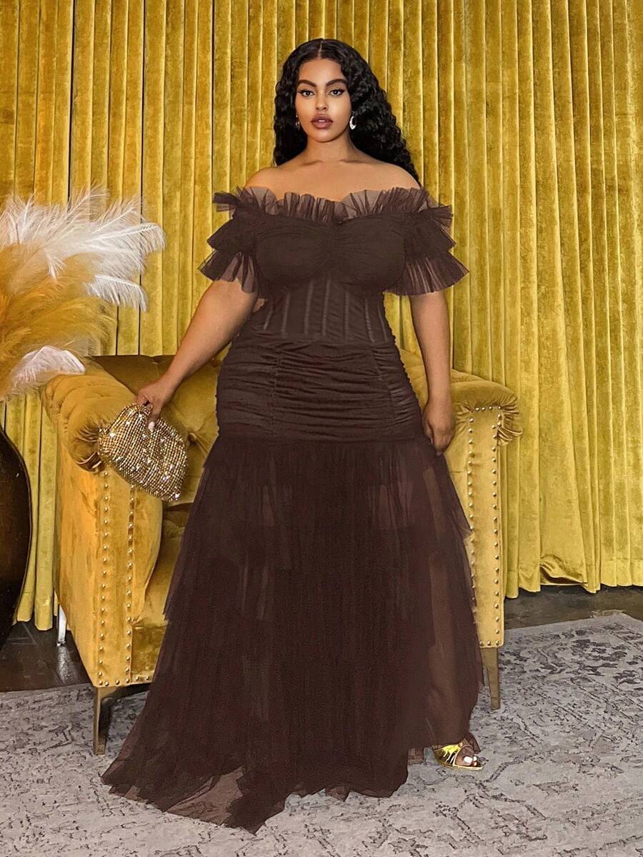 Back view of Plus Size Women's Bohemian Sheer Off-Shoulder Dress for Spring and Summer - Perfect for Festivals, Casual Occasions, and Beach Vacations in Brown color