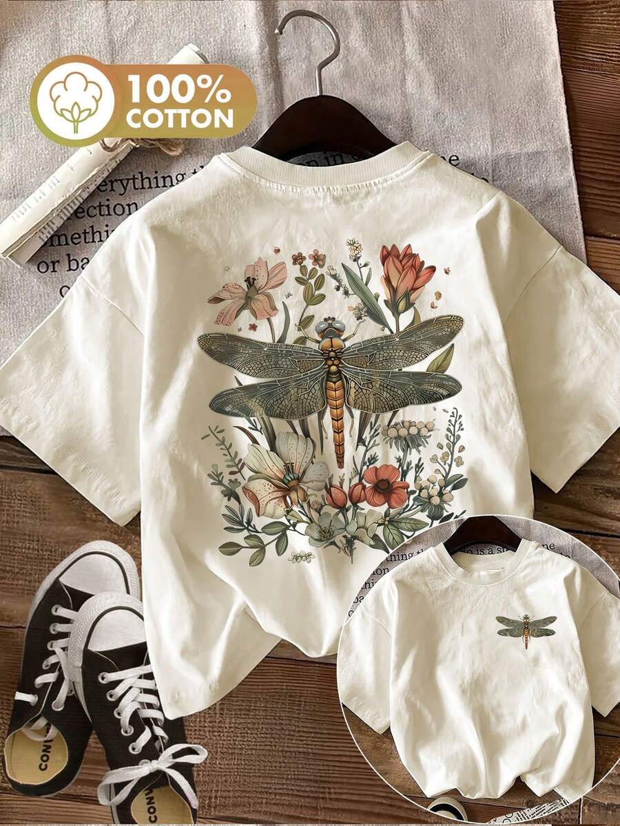 Front view of Stylish Women’s Vintage Dragonfly Floral Print T-Shirt for Casual Spring & Summer Wear - 100% Cotton Short Sleeve Tee for women styling