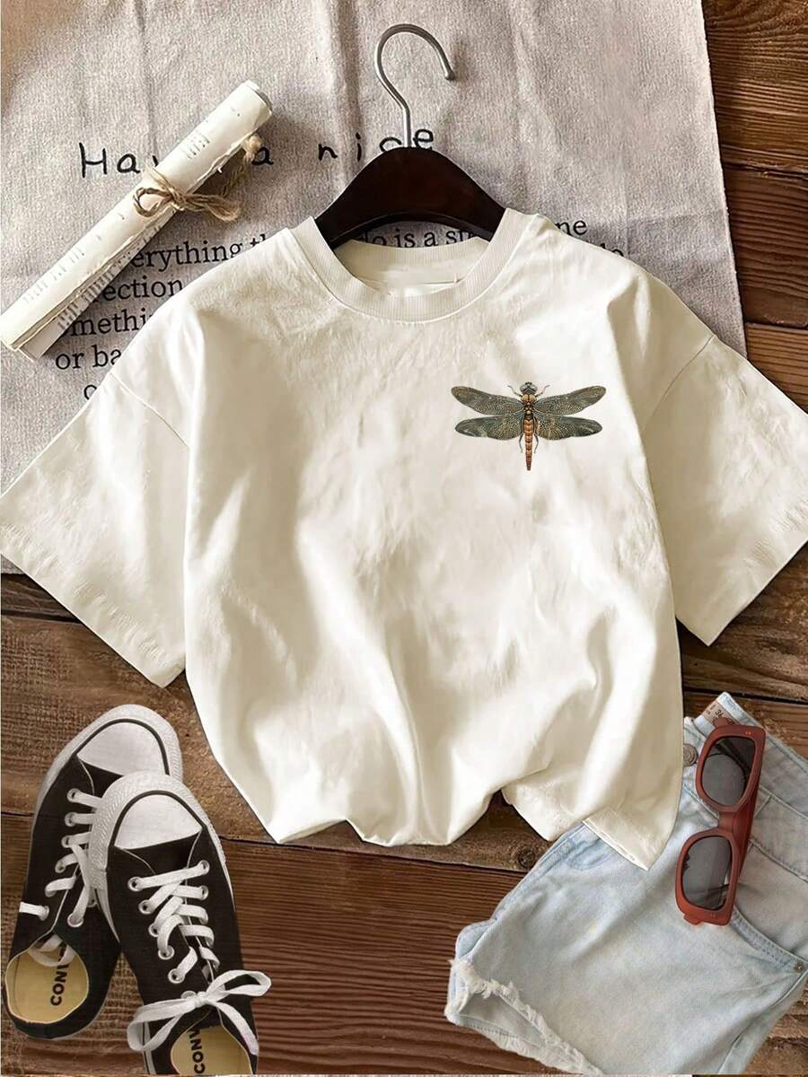 Front view of Stylish Women’s Vintage Dragonfly Floral Print T-Shirt for Casual Spring & Summer Wear - 100% Cotton Short Sleeve Tee for women styling