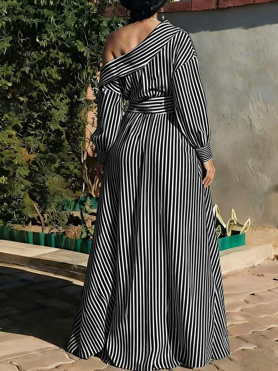 Front view of Chic Plus-Size Colorblock Striped Asymmetric Collar Shirt Dress with Pockets for Effortless Style Throughout the Seasons in Black color