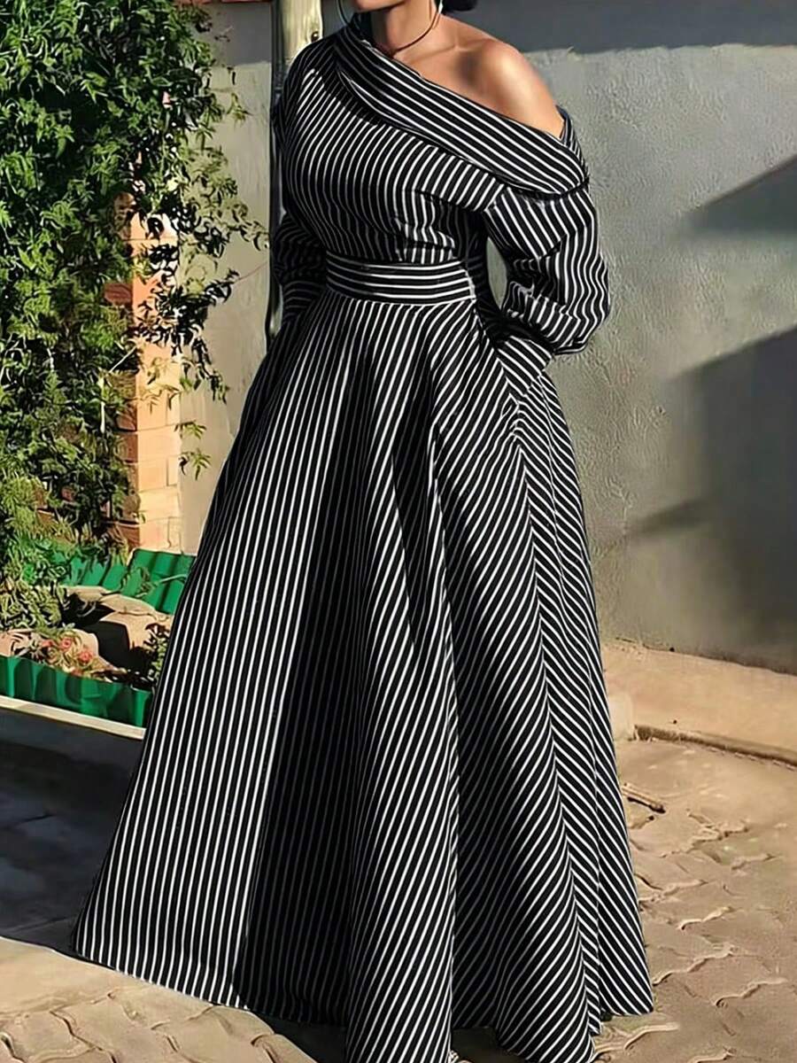 Front view of Chic Plus-Size Colorblock Striped Asymmetric Collar Shirt Dress with Pockets for Effortless Style Throughout the Seasons in Black color