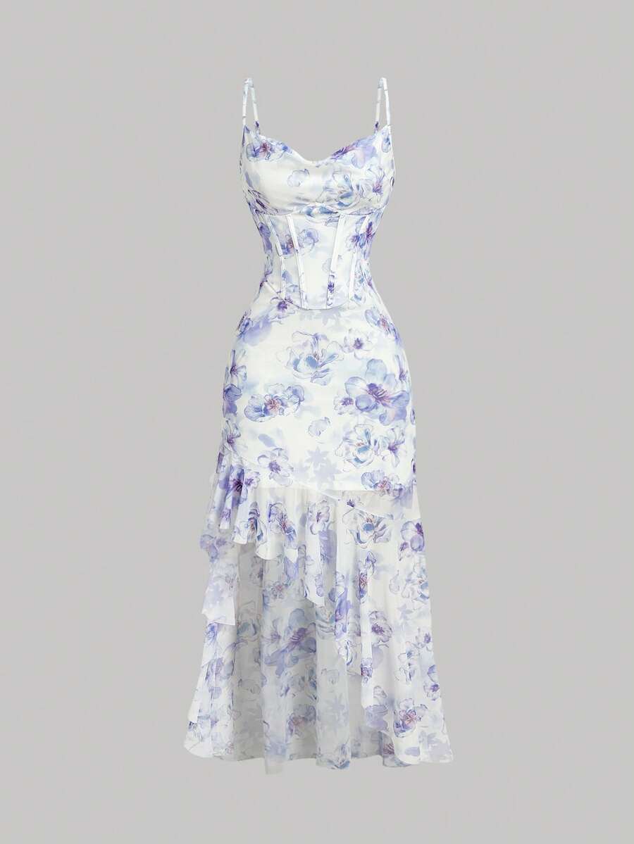 Elevate your spring and summer wardrobe with this stunning floral dress. The delicate spaghetti straps offer a graceful, feminine silhouette, while the asymmetric ruffle hem adds movement and visual interest. Perfect for vacations, garden parties, or casual outings, this piece combines elegance with effortless style. The vibrant floral print brings a fresh, seasonal touch that transitions beautifully from day to evening. Lightweight and comfortable, it's your go-to dress for warm-weather adventures.