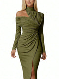 Olive Green Front view of asymmetric off-shoulder ruched midi bodycon dress with long sleeves and front slit