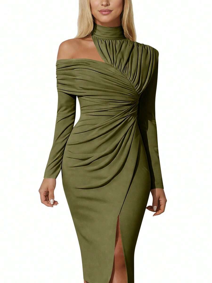 Olive Green Front view of asymmetric off-shoulder ruched midi bodycon dress with long sleeves and front slit
