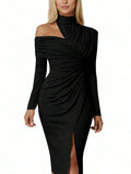 Black Front view of asymmetric off-shoulder ruched midi bodycon dress with long sleeves and front slit