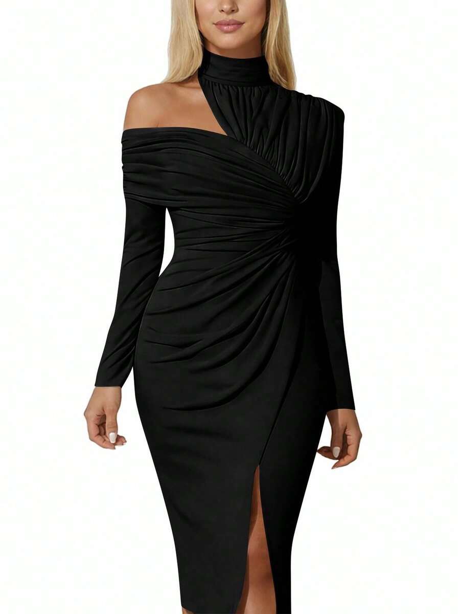 Black Front view of asymmetric off-shoulder ruched midi bodycon dress with long sleeves and front slit