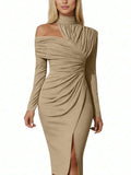 Beige Front view of asymmetric off-shoulder ruched midi bodycon dress with long sleeves and front slit