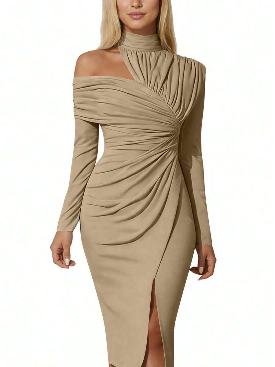 Beige Front view of asymmetric off-shoulder ruched midi bodycon dress with long sleeves and front slit