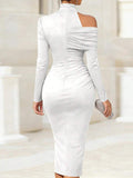 White Back view of asymmetric off-shoulder ruched midi bodycon dress with long sleeves and front slit
