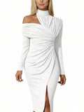 White Front view of asymmetric off-shoulder ruched midi bodycon dress with long sleeves and front slit