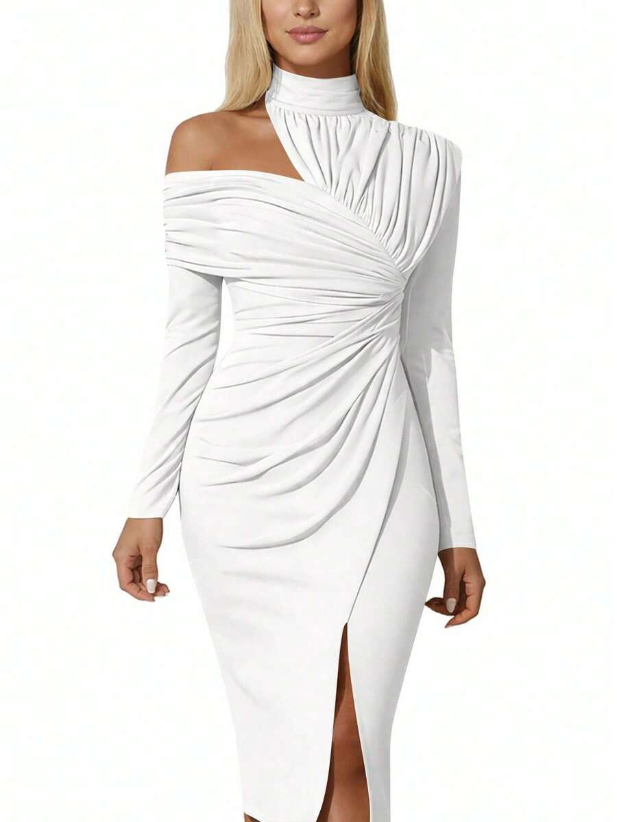 White Front view of asymmetric off-shoulder ruched midi bodycon dress with long sleeves and front slit