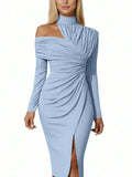 Powder Blue Front view of asymmetric off-shoulder ruched midi bodycon dress with long sleeves and front slit