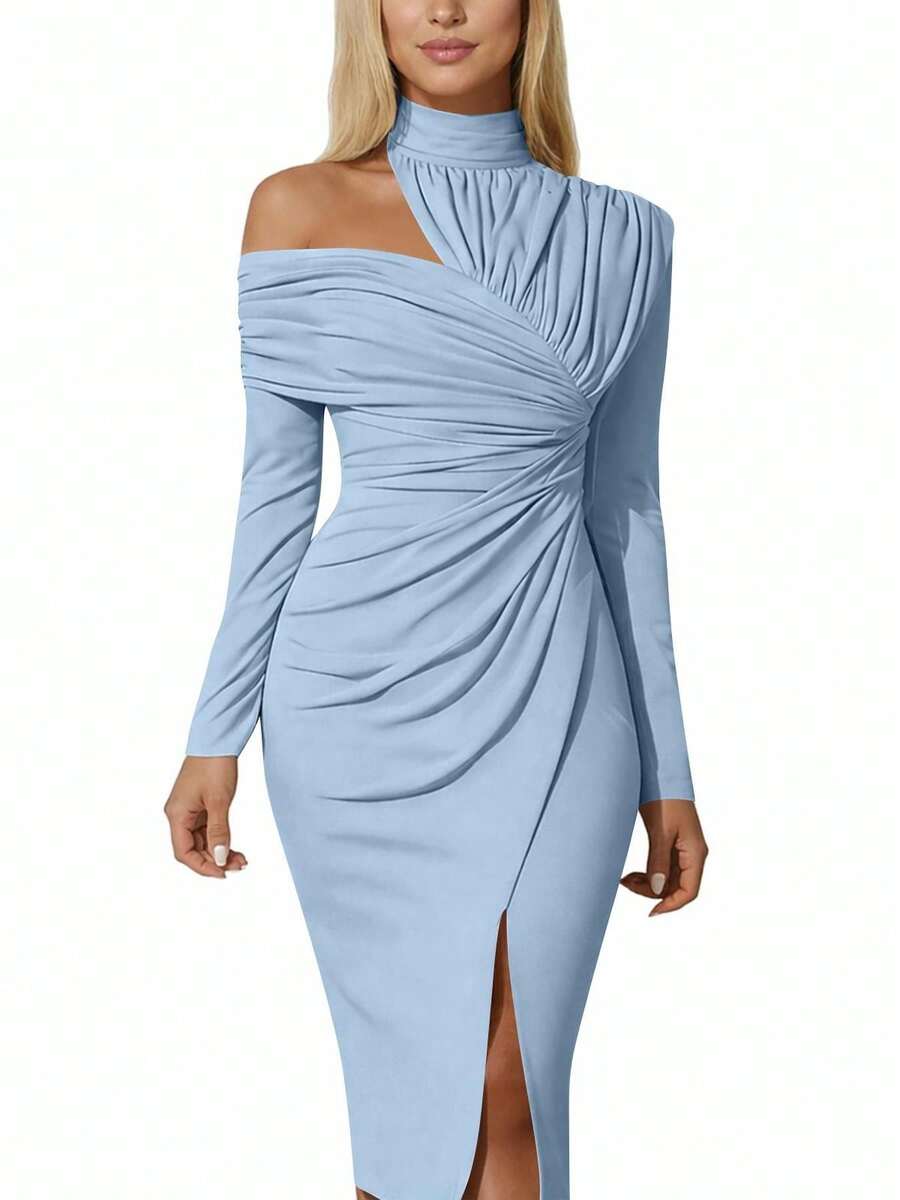 Powder Blue Front view of asymmetric off-shoulder ruched midi bodycon dress with long sleeves and front slit