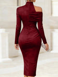 Burgundy Back view of asymmetric off-shoulder ruched midi bodycon dress with long sleeves and front slit