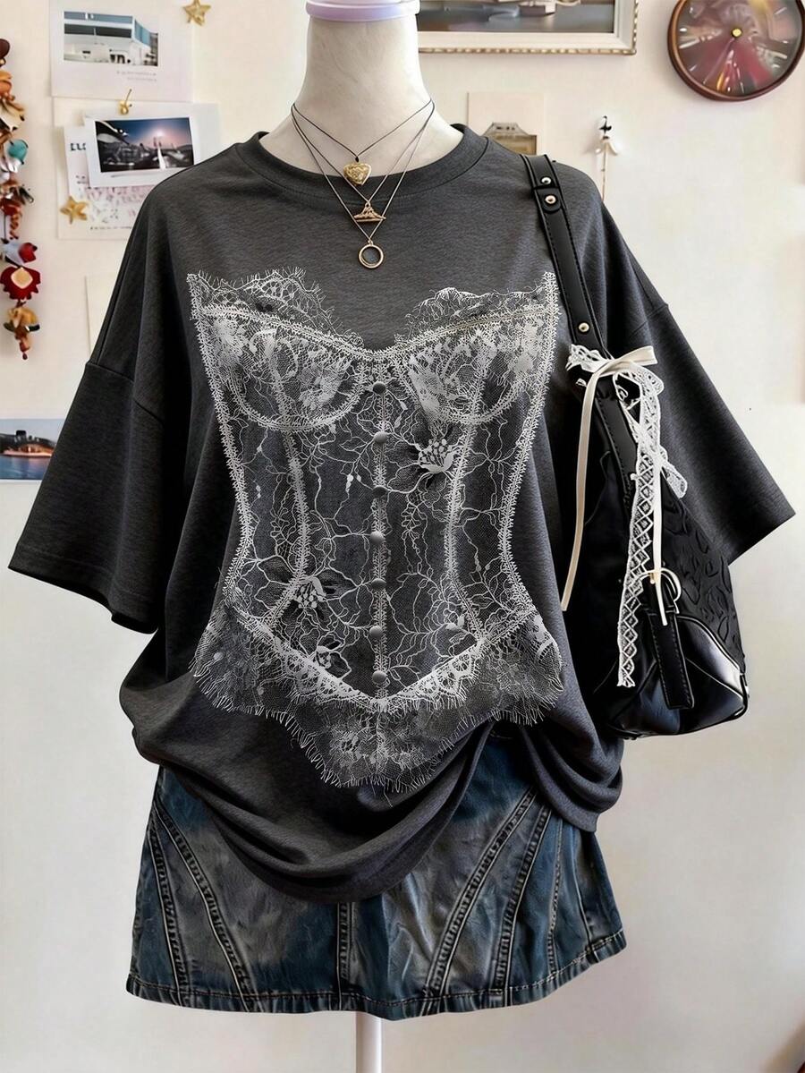 Women's Oversized Lace Pattern T-Shirt with Digital Print - Mid-Length Round Neck Style - women fashion top visible in all media images, product image 1