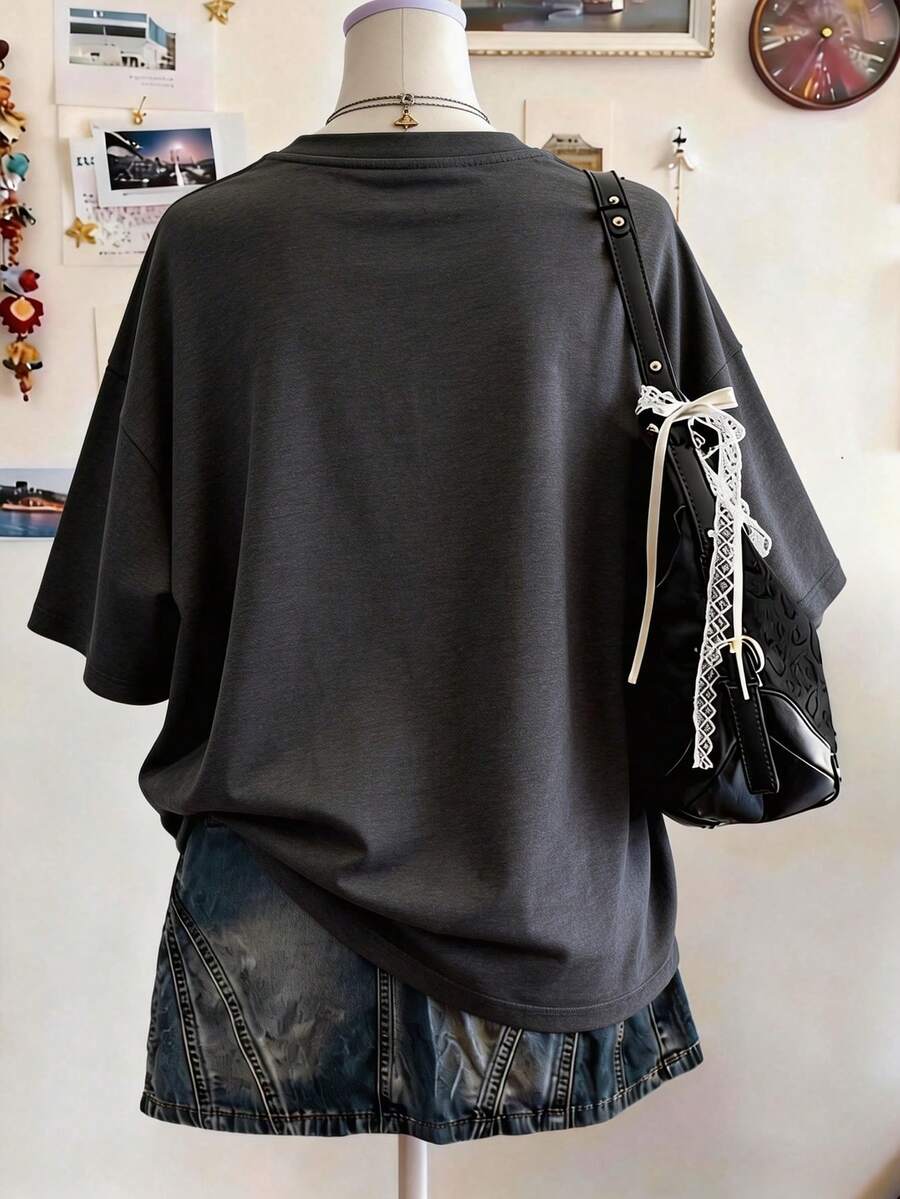 Women's Oversized Lace Pattern T-Shirt with Digital Print - Mid-Length Round Neck Style - women fashion top visible in all media images, product image 1