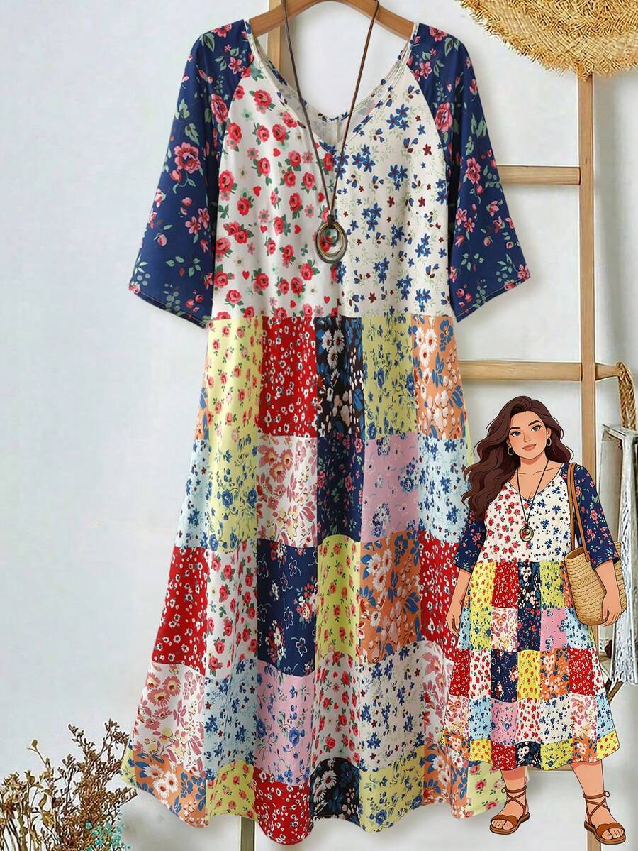 Front hanger view of multicolor patchwork floral V-neck midi dress