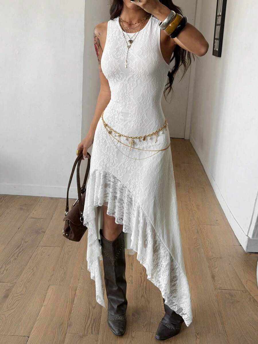Closer front view of white floral lace dress showing fitted bodice and layered uneven hem