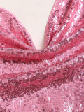 Close-up of pink sequined cowl neck dress
