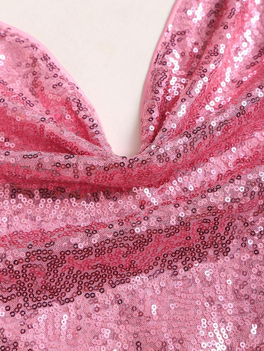 Close-up of pink sequined cowl neck dress