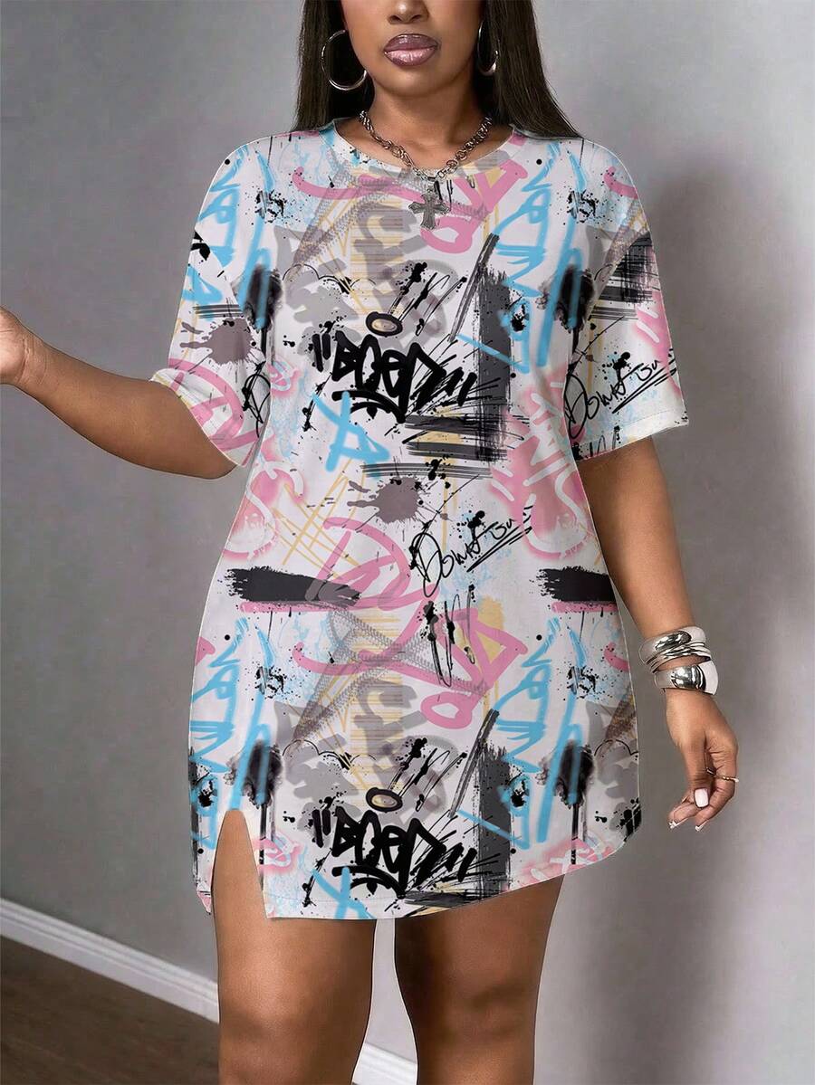 Front view of plus size letter print t-shirt dress for casual summer outfit