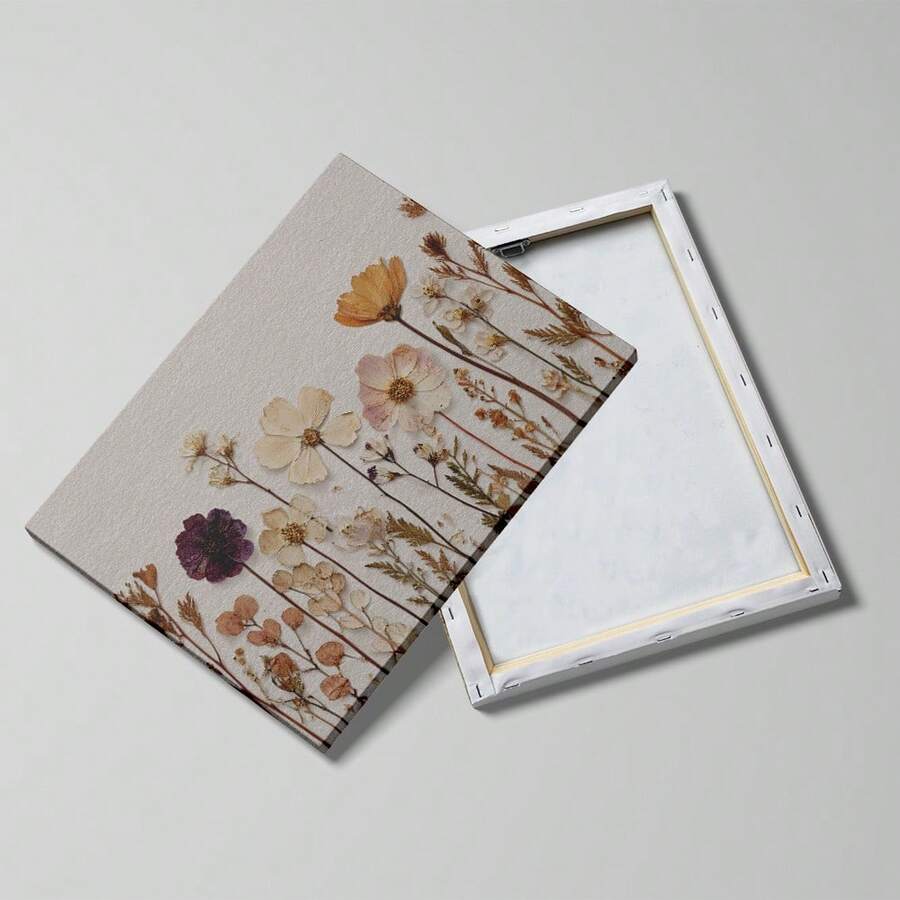 Front and back construction view of dried wildflower print wrapped on a wood stretcher