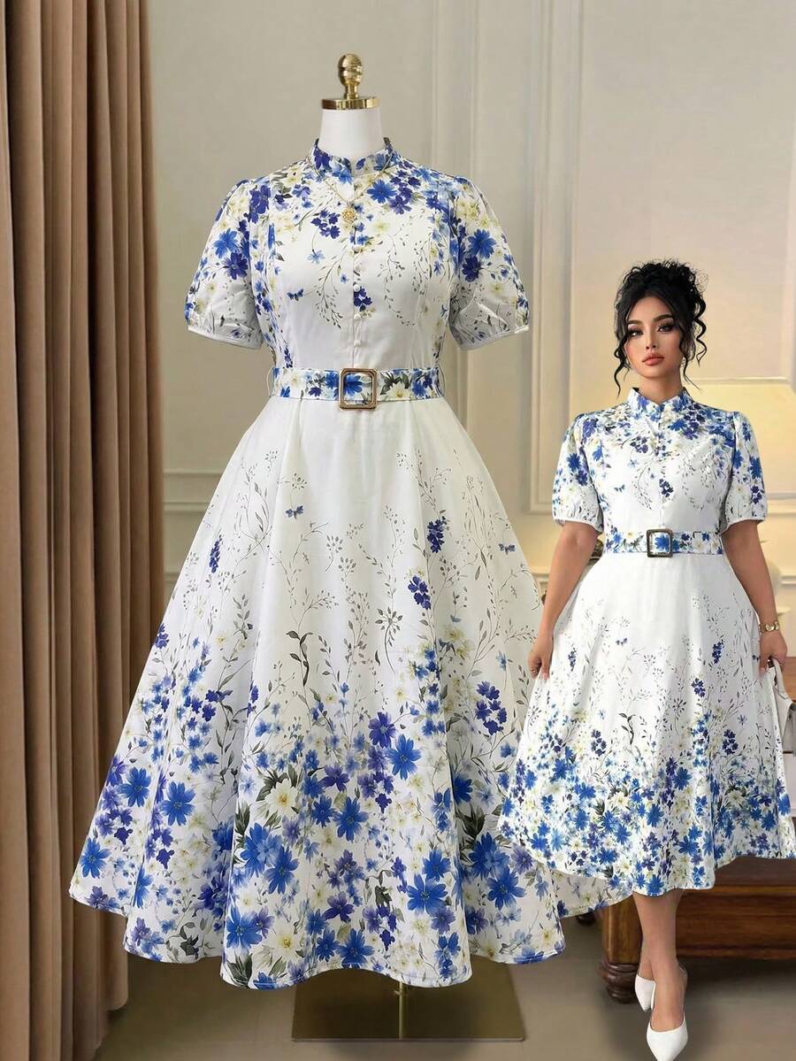 Image 4 - fabric detail of Elegant Floral Print Long Sleeve Dress with Waist Buckle for Spring and Autumn Fashion