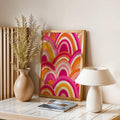 Colorful abstract rainbow wall art with natural wood frame