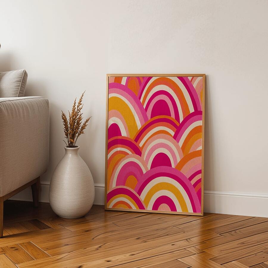 Vibrant retro arch canvas print styled as living room decor